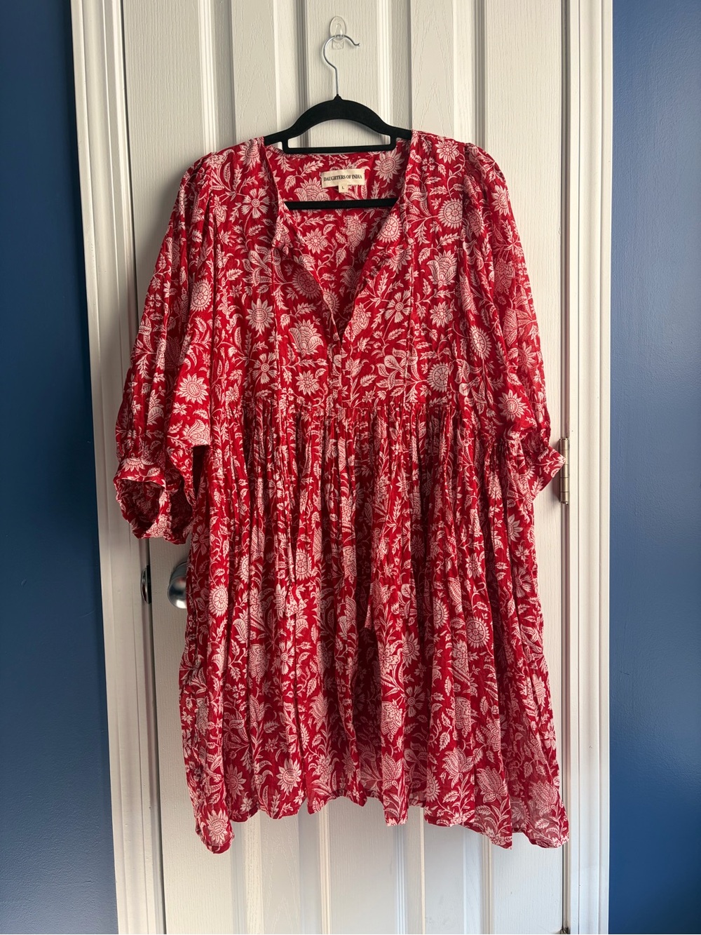 Daughters of India Kyra Mini Dress Saffron Sz L Red Block Print Floral Babydoll